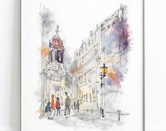 downtown watercolor painting, city urban sketch, Cityscape Watercolor Print, architectural Watercolor illustration, minimalist modern art