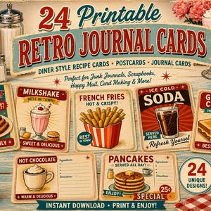 May include: A set of 24 printable retro journal cards featuring diner-themed illustrations of food and drinks like meatloaf, milkshakes, french fries, soda, grilled cheese, hot chocolate, and pancakes with text labels and vintage-style typography.