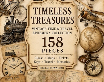 158 Vintage Ephemera Bundle| Junk Journal Ephemera| Travel Ephemera| Clock Ephemera| Printable Ephemera| Vintage Tickets| Antique Maps