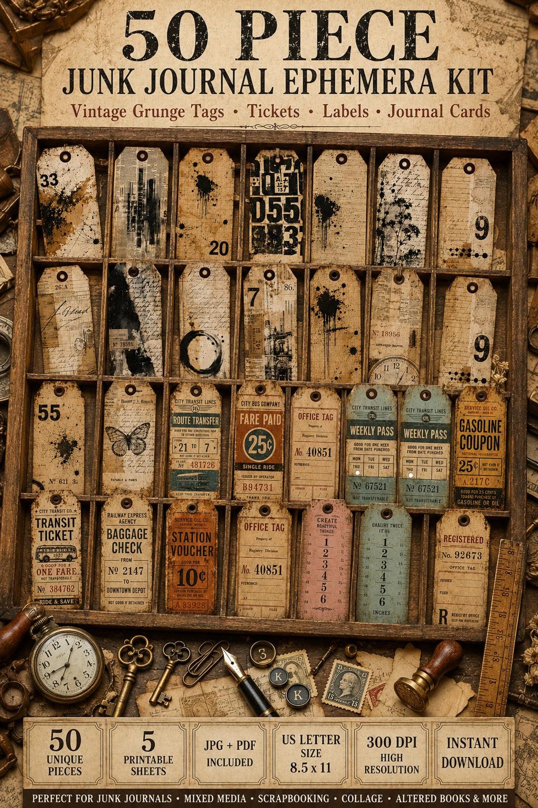 50 Piece Junk Journal Ephemera Kit | Vintage Grunge Tags, Tickets ...
