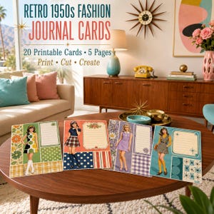 May include: Four rectangular printable journal cards featuring 1950s-style fashion illustrations of women in various outfits, including a geometric dress, plaid skirt, purple dress, and vest. Each card includes a lined writing area and decorative patterns.