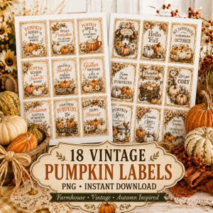 May include: Two sheets of 18 vintage-style rectangular labels featuring autumn themes, pumpkin illustrations, and text such as Pumpkin Kisses, Hello Fall, and Happy Harvest. The labels have a cream background with brown decorative borders.
