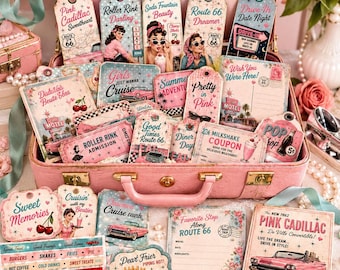 84-teiliges rosa Cadillac Road Trip Ephemera Bundle | Route 66 Junk Journal Kit | Retro Diner Printables | Rollschuh Tags | Vintage Reise