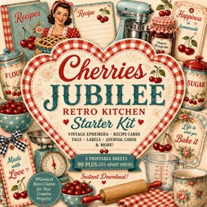 Cherry Jubilee Retro Starter Kit | Vintage Kitchen Ephemera, Recipe Cards, Tags, Labels, Journaling Cards & Junk Journal Supplies