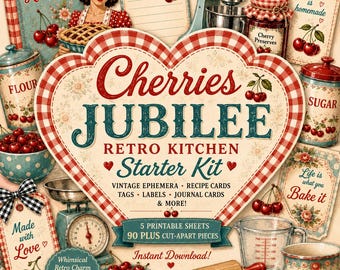 Cherry Jubilee Retro Starter Kit | Vintage Kitchen Ephemera, Recipe Cards, Tags, Labels, Journaling Cards & Junk Journal Supplies