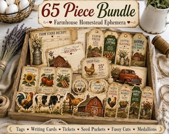 64 Piece Farmhouse Ephemera Bundle, Printable Junk Journal Kit, Homestead Tags, Farm Fresh Labels, Vintage Tickets, Writing Cards