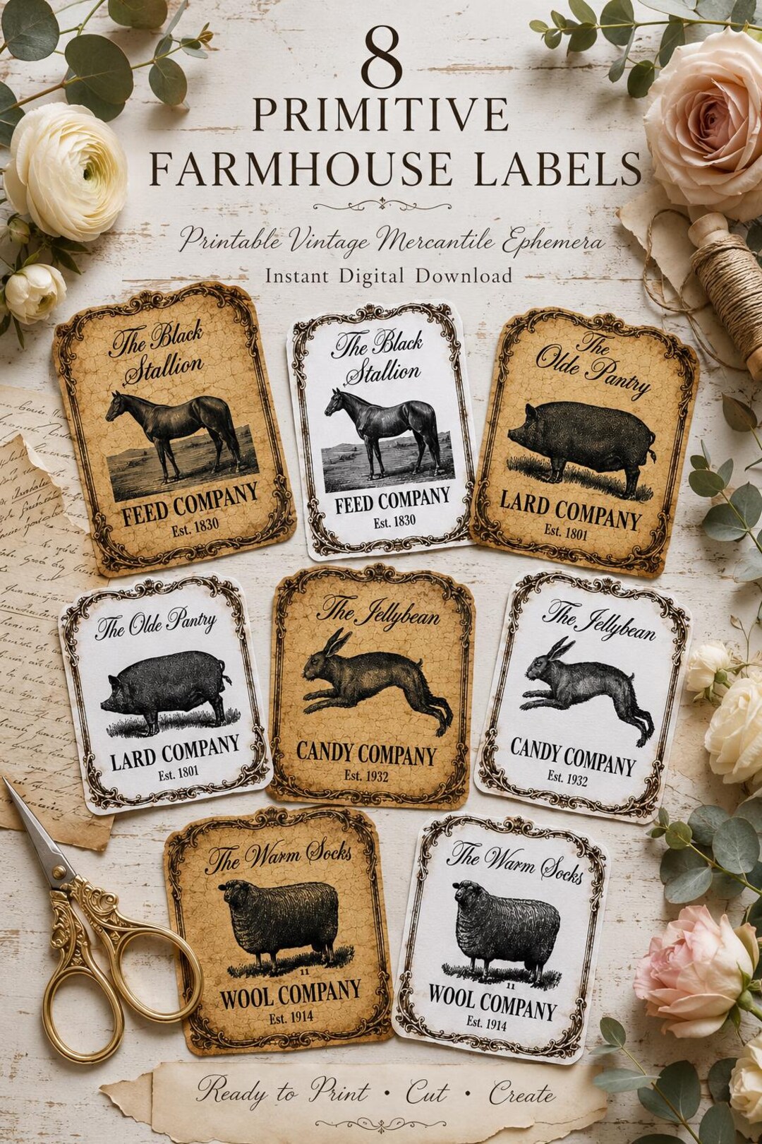 Primitive Farmhouse Labels Bundle, Vintage Pantry Epheera Tags, Rustic ...