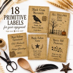 May include: A collection of 18 rectangular paper labels with a tan, aged appearance. The labels feature black printed text and illustrations including a crow, a tree, a pumpkin, a star, and botanical sprigs, with various farm-themed names and dates.