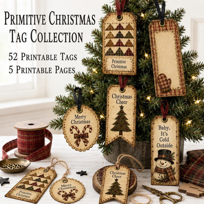 Primitive Christmas Tags Printable | Plaid Quilt Gift Tags | Vintage ...