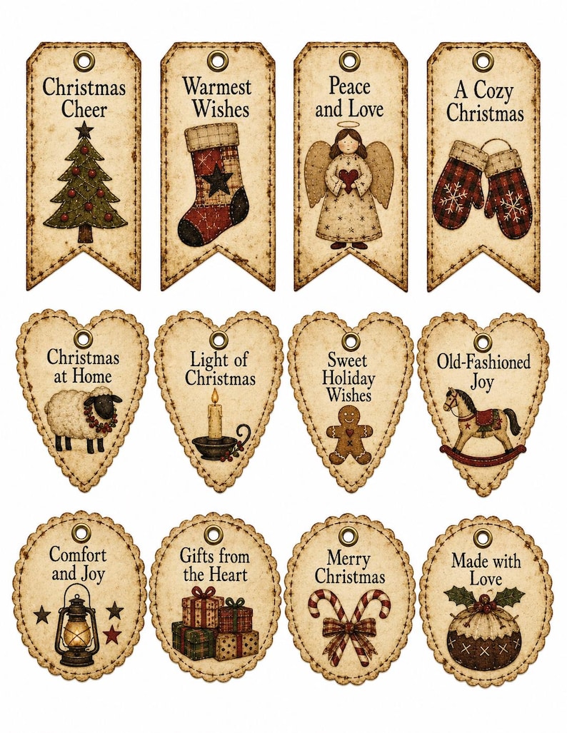 Primitive Christmas Tags Printable | Plaid Quilt Gift Tags | Vintage ...