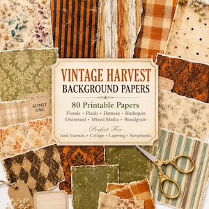 May include: A collection of vintage harvest background papers featuring floral, plaid, damask, harlequin, and woodgrain patterns in orange, brown, and green. A central sign reads VINTAGE HARVEST BACKGROUND PAPERS 80 Printable Papers. Includes scissors.