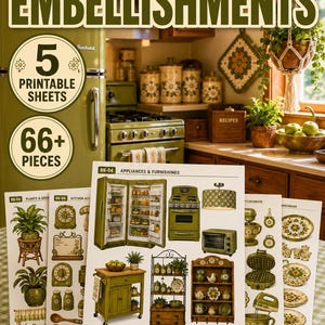 May include: A collection of five printable sheets featuring over 66 die-cut images of retro 1970s kitchen appliances, furniture, and decor. The sheets display illustrations of olive green refrigerators, stoves, mixers, plants, and floral patterned dishware.