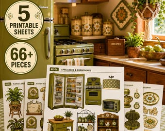 Retro 1970s Kitchen Ephemera | Avocado Green Kitchen Embellishments | Vintage Serving Ware Junk Journal Kit | Printable Fussy Cut Elements