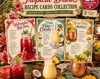 Printable Tropical Drinks Recipe Cards | Vintage Food Ephemera| Retro Kitchen Recipe Collection | Junk Journal Cards| Paper Craft Printable