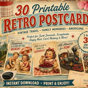 May include: A digital collection of 30 printable retro postcards featuring vintage travel, Americana, and family themes. The display includes various postcard designs, a pair of white cat-eye sunglasses, and text reading 30 Printable Retro Postcards.