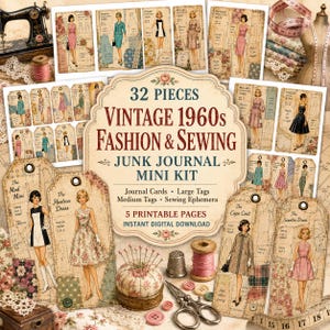 Puede incluir: Un kit de 32 piezas para diario creativo con temática de moda y costura de los años 60, que incluye cinco páginas imprimibles con tarjetas, etiquetas grandes y medianas, y efímera con ilustraciones de figuras con vestidos.