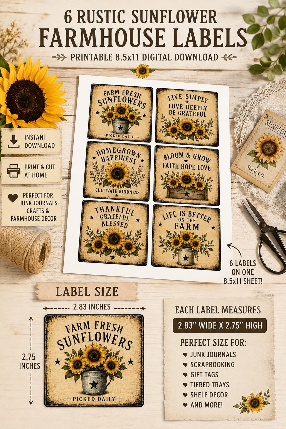 Vintage Farmhouse Labels Bundle, Primitive Pantry Tags, Rustic Country ...