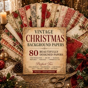 May include: A collection of decorative papers featuring various Christmas-themed patterns in red, green, and cream. A central sign displays the text VINTAGE CHRISTMAS BACKGROUND PAPERS, 80 BEAUTIFULLY DESIGNED PAPERS, and additional descriptive details.
