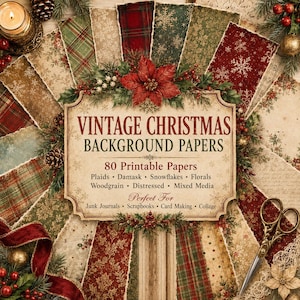 Peut inclure: Un ensemble de 80 papiers de fond de Noël vintage imprimables avec des motifs de tartans, damas, flocons de neige, fleurs, bois et textures usées. Le panneau central affiche le texte VINTAGE CHRISTMAS BACKGROUND PAPERS.
