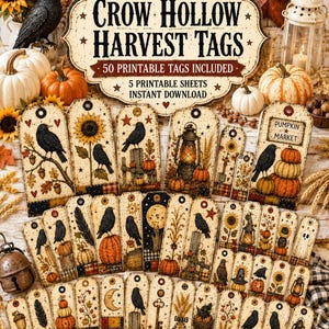 Può includere: Una collezione di 50 etichette stampabili intitolate Crow Hollow Harvest Tags, con illustrazioni di corvi, zucche, girasoli, lanterne e motivi autunnali su sfondo crema. Il set include 5 fogli stampabili per il download immediato.