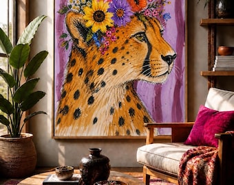 Cheetah Wall Art Printable, Boho Animal Print, Colorful Leopard Painting, Wildflower Safari Decor, Maximalist Bedroom Art, Dopamine Decor