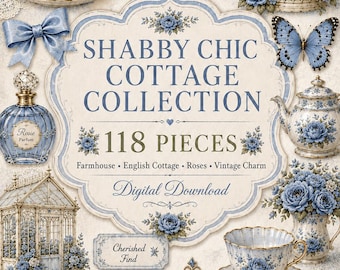 118-teiliges blaues Vintage Ephemera-Bundle| Junk Journal Fussy Schnitte | Shabby Chic Verzierungen | Antikes Ephemera Set zum Selbstdrucken