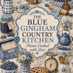 Pode incluir: Uma colagem decorativa com padrões de xadrez azul, mirtilos, margaridas e utensílios de cozinha, incluindo uma balança, uma caixa de receitas e uma torta. O texto central diz THE BLUE GINGHAM COUNTRY KITCHEN Home-Cooked with Love.