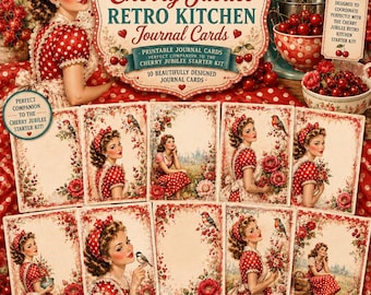 1950s Retro Red Journal Pages | Printable Writing Pages | Vintage Cherry Junk Journal Papers | Retro Kitchen Gift Tags| scrapbook kit