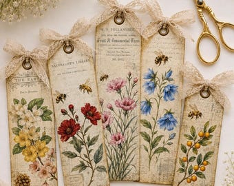 Vintage botanische junk Journal Tags afdrukbare set van 5 | Cottagecore bloemen ephemera | Cadeaukaartjes in antieke Franse stijl | Shabby Chic Digitaal