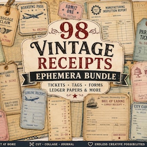 Op de afbeelding: Een verzameling van 98 papieren ephemera-stukken in vintage-stijl, waaronder bagagelabels, instapkaarten, parkeerkaarten, bakkerijbonnen en grootboekformulieren. De centrale tekst luidt 98 VINTAGE RECEIPTS EPHEMERA BUNDLE TICKETS TAGS FORMS LEDGER PAPERS & MORE.