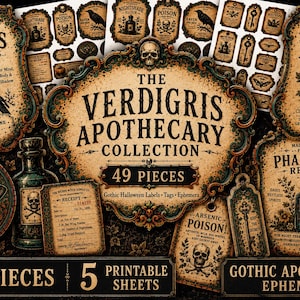 Könnte beinhalten: Eine Sammlung von 49 druckbaren gotischen Apothekeretiketten, Anhängern und Ephemera mit Illustrationen im Vintage-Stil von Raben, Totenköpfen, Motten und Zaubertrankflaschen. Das Set enthält fünf Blätter mit Text wie Raven's Elixir und Wormwood Tonic.