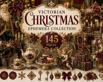 Victorian Christmas Ephemera Pack | 145 Christmas Fussy Cuts | Vintage Santa | Christmas Junk Journal Printables | Burgundy Holiday Craft