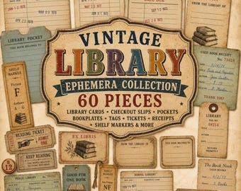 Vintage bundel tijdelijke ephemera-bibliotheken | Afdrukbare bibliotheekkaarten| Kassabonnen, leeskaartjes, bonnen boekkaartjes | Junkjournaal