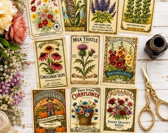 Afdrukbare etiketten vintage zaadpakket, kortstondige retro-tuin, primitieve boerderijzaadpakketten, bloemen decoupage-etiketten