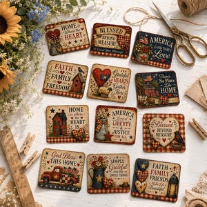 May include: Twelve rectangular labels featuring rustic Americana designs with red, white, and blue color palettes, stars, hearts, and patriotic text. The labels include phrases like 'Home is Where the Heart is', 'Blessed', and 'America Land That I Love'.
