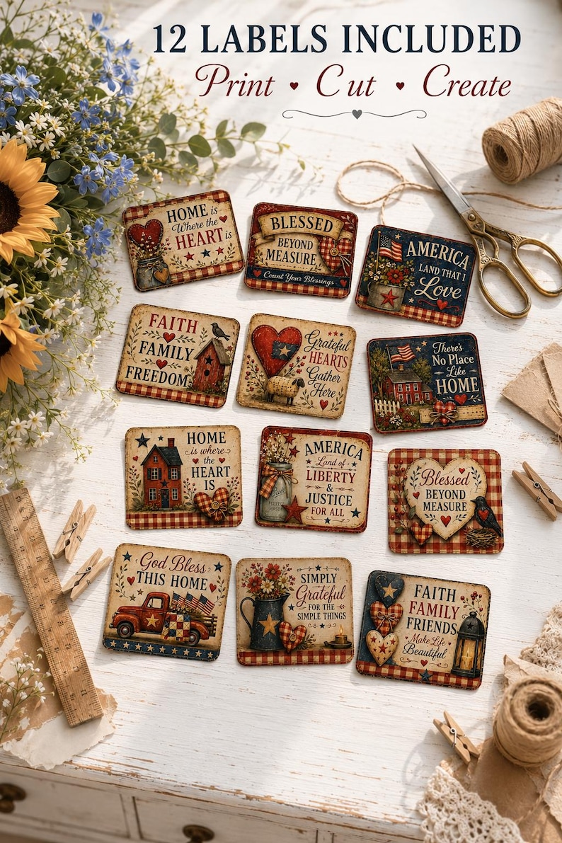 Primitive Americana Labels Printable, Rustic Farmhouse Gift Tags, Mason ...