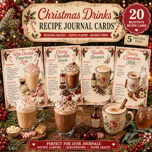 Printable Christmas Drinks Recipe Cards | Vintage Food Ephemera| Retro Kitchen Recipe Collection | Junk Journal Cards| Paper Craft Printable