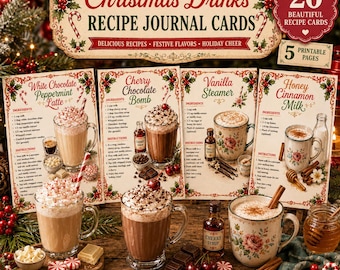 Printable Christmas Drinks Recipe Cards | Vintage Food Ephemera| Retro Kitchen Recipe Collection | Junk Journal Cards| Paper Craft Printable