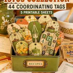 May include: A green metal recipe box filled with 44 coordinating paper tags featuring 1970s kitchen illustrations. The tags display patterns of flowers, fruit, and kitchenware. Text on the box reads RECIPES, and the collection includes 5 printable sheets.