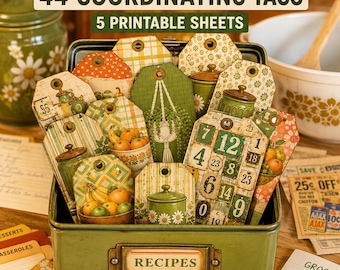 Retro Kitchen 1970s Collection Tags | Avocado Green Vintage Kitchen Gift Tags| Junk Journal Ephemera Bundle Printables