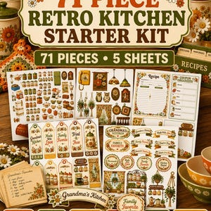 Peut inclure: Un kit de démarrage de cuisine rétro de 71 pièces comprenant cinq feuilles d'autocollants imprimables et des fiches de recettes. La collection présente des illustrations d'ustensiles de cuisine vintage, des motifs floraux et des étiquettes avec du texte.