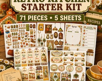 71 PC Retro Kitchen Ephemera Pack, 1970s Kitchen Clipart, Vintage Recipe Cards, Mushroom Decor, Junk Journal Kit, Printable Fussy Cuts