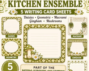 Retro 1970 Mushroom Writing Cards Printable | Avocado Green Journal Cards | Junk Journal Ephemera | Cottagecore Stationery Paper