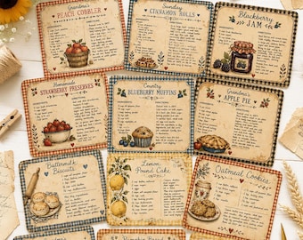 Primitive Farmhouse Recipe Labels Printable, Vintage Kitchen Recipe Cards, Grandma's Cookbook Labels, Junk Journal Ephemera, Vintage Labels