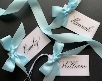 Light Blue Hand-Written Calligraphy Place Cards/ Gift Tags w/ Attached Bow/ Ribbon, Gift Bag Tags, Spring Placecards, Favors, Party Decor