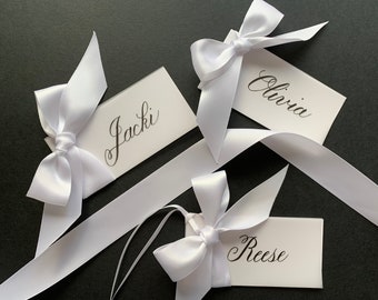 White Hand-Written Calligraphy Place Cards/ Gift Tags w/ Attached Ribbon/ Bow, Party Table Place Cards, Bridal Gift Tags, Custom Made Tag