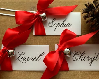 Personalized Christmas Jingle Bell Place Cards/ Gift Tags w/ Red Bow, Hand-Written Calligraphy Xmas Place Card/ Gift Tag with Silver Bell