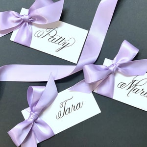 Lavender Hand-Written Place Cards/ Gift Tags with Attached Ribbon/ Bow, Wedding Table Place Cards, Spring placecards, Custom Calligraphy