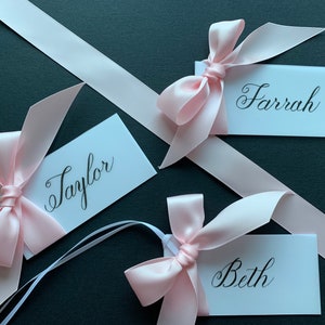 Personalized Placecards, Pink Handwritten Place Cards/ Gift Tags  with Attached Ribbon/ Bow, Custom Calligraphy, Baby Shower Place Cards