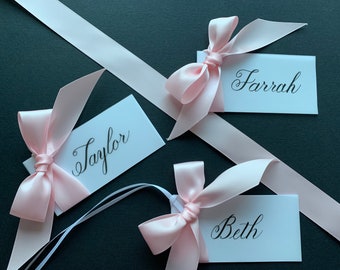 Personalized Placecards, Pink Handwritten Place Cards/ Gift Tags  with Attached Ribbon/ Bow, Custom Calligraphy, Baby Shower Place Cards